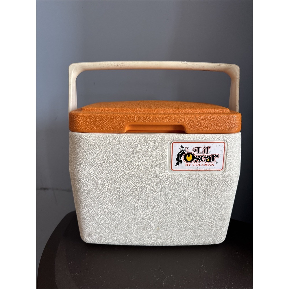 VTG Lil' Oscar by Coleman Cooler Orange Removable Locking Lid Cup Holders